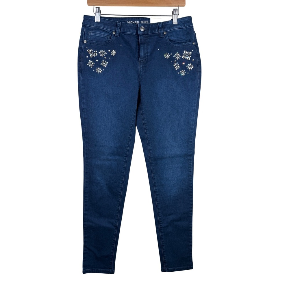 NWT Michael Kors Embellished Izzy Skinny Jeans size 6 Dark Blue Denim